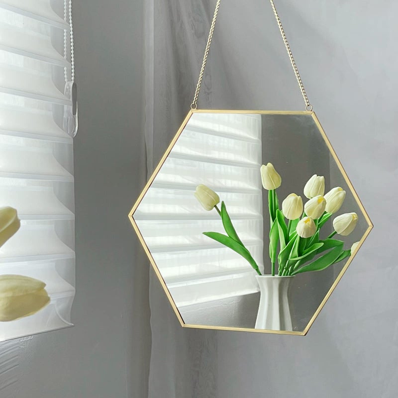 LONGWIN Hanging Wall Hexagon Mirror Decor Gold Geometric Mirror with Chain for Bathroom Bedroom Living Room 11.8"x 10.2" - Image 2